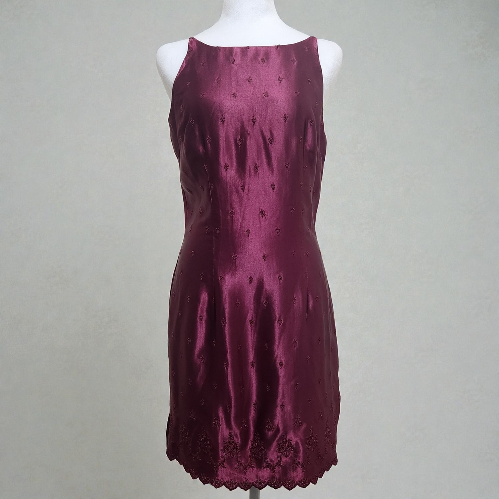 Vtg XOXO Mini Slip Dress 7 90s Y2K Dark Red Burgundy Satin Eyelet Formal Goth